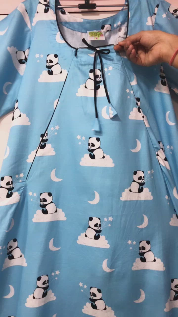 Dreaming Panda Maternity Gown - Pure Cotton Round Neck Gown with 2 Invisible Zips for Feeding